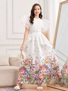 SHEIN 2pcs/Set Elegant Knit Jacquard Splice Mesh Ruffle Sleeve Casual T-Shirt And Woven Printed Skirt, For Teen Girls Spring/Summer, Festival, Party - White - View 5