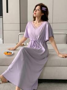DAZY Solid Color Lace Patchwork Cinched Waist Women Casual Dress Loungewear Pajama - Purple - View 3