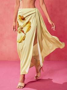 Oxana 设计师浅黄色花卉印花高腰侧褶奶油黄美人鱼裙，情人节，节日 - 彩色 - 查看 4