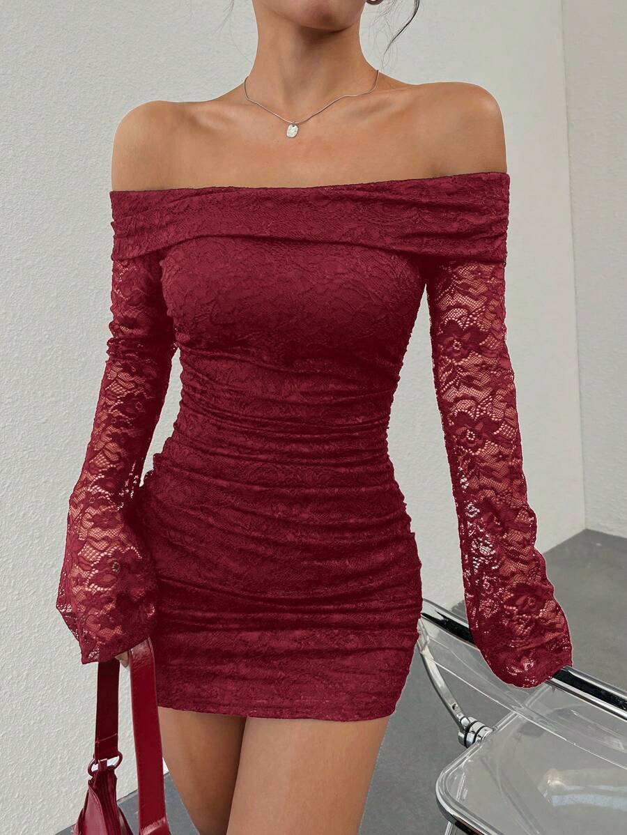 SHEIN EZwear Women's Solid Off-Shoulder Long Sleeve Slim Fit Short Dress