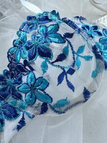 2件套花卉刺绣拼布休闲性感内衣套装 - 藍色 - 查看 3