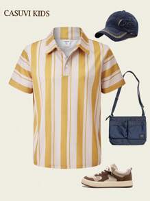 SHEIN Casuvi Kids 1pc Older Boys Letter Graphic Striped Polo Shirt, Retro Summer New Arrival - Multicolor - View 6