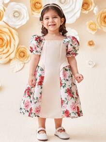 SHEIN Leap Crew Baby Girl Elegant Puff Sleeve Floral Print Color Block Patchwork Dress - Pink - View 3