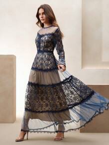 Anewsta Sheer Mesh Contrast Lace Hollow Embroidered Mesh A-Line Dress With Waist Design, Princess Style - Blue - View 3