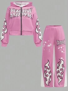 SHEIN Tween Girls Loose Sporty Casual Hooded Sweatshirt & Contrast Color Sweatpants 2pcs Set - Multicolor - View 11