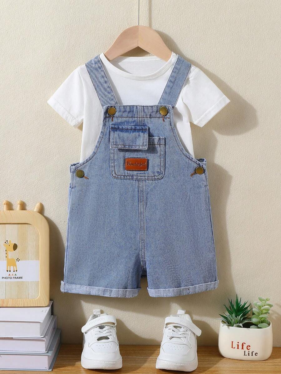 Young Boys' Denim Bib Overalls, Comfortable Washed Jeans Dungarees, Pockets & Frayed Hem Details, Casual Fashion Street Style Denim Bib Pants - Medium Wash - View 1