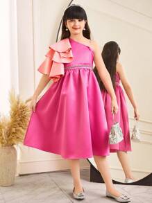 SHEIN Tween Girls Elegant Contrast Color Ruffle Waist Rhinestone Embellished Asymmetrical Shoulder Dress, Flower Girl Dress - Hot Pink - View 4