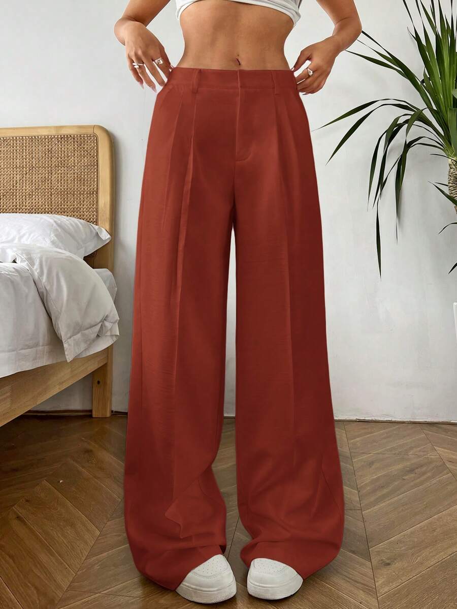 SHEIN EZwear 女士纯色褶皱宽松裤,休闲日常穿着 - 紅色 - 查看 1