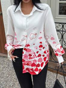 SHEIN LUNE Women Simple Heart Print Front Buttoned Casual Blouse, Daily Wear Fall Cloth For Women - Multicolor - View 4
