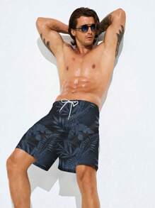 Manfinity KASUA 男士前系带全印花简约沙滩短裤，休闲度假，夏威夷风 - 彩色 - 查看 5
