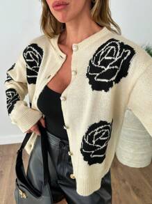 SHEIN Élégant cardigan col rond jacquard de couleur contrastée avec motif floral premium