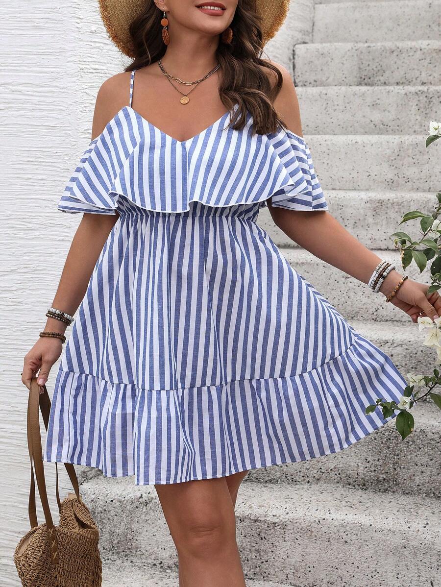 SHEIN VCAY Plus Size Boho Cold Shoulder Short Sleeve Striped Dress, For Summer - Multicolor - View 1