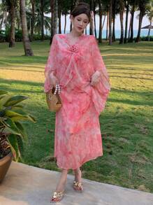 DAZY Women's Plant Allover Print Patchwork Pleated Midi Dress With Ditsy Floral Overlay Sundress Vacation Outfits Women - Pink - View 4