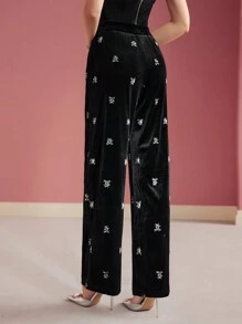 MOTF PREMIUM Pantalones de traje sastre con bordado floral de terciopelo - Negro - Ver 8