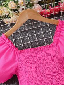 Vestido de manga corta de espalda de tirantes de un solo color para niñas preadolescentes - Rosa Fucsia - Ver 4