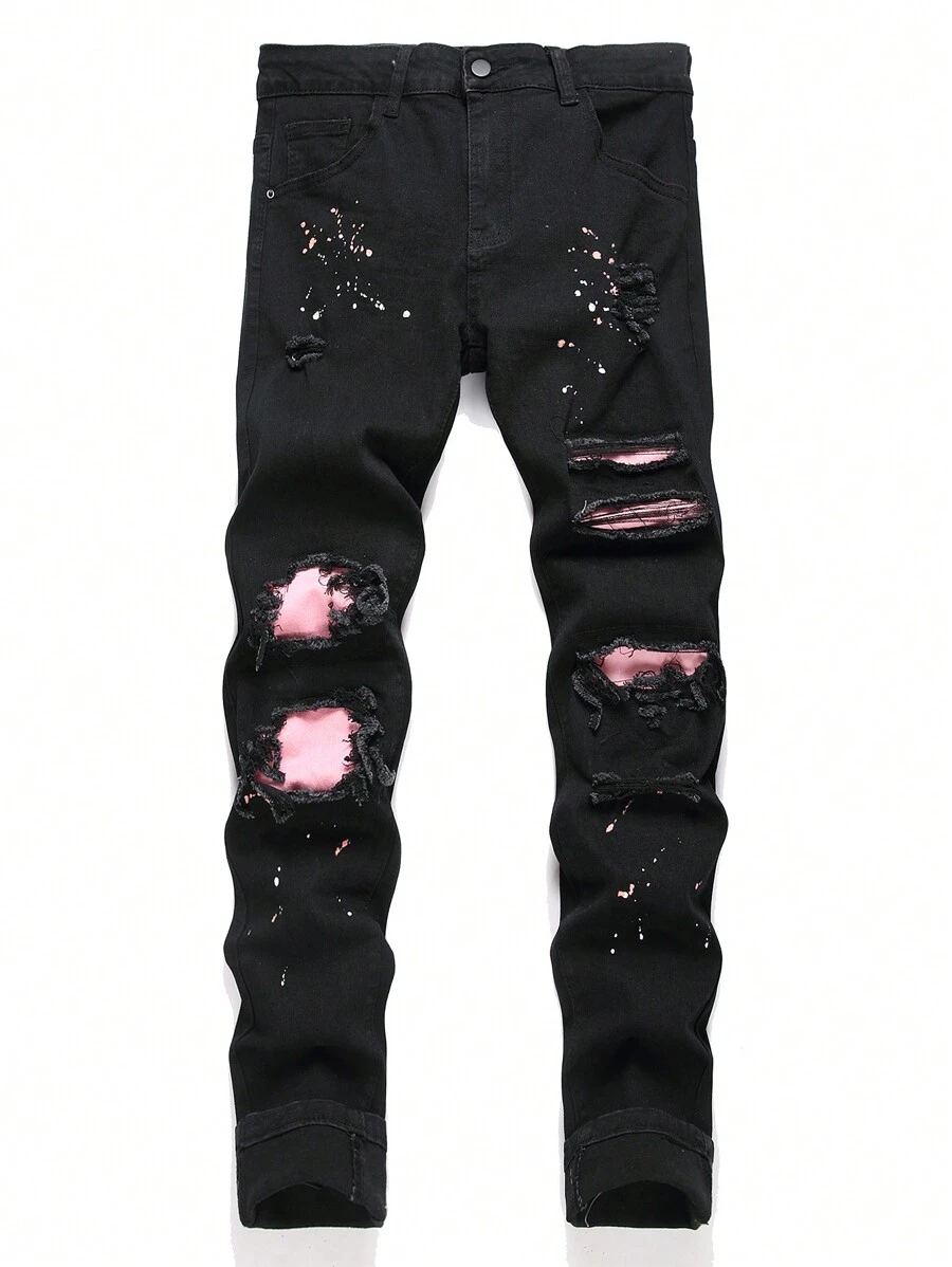 Manfinity EZcore Plus Size Men's Front Button Pocket Distressed Minimalist Casual Black Jeans - Black - View 1