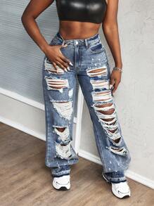 SHEIN Slayr 女式破洞直筒宽松牛仔裤，休闲时尚，适合日常穿着