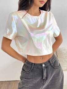 SHEIN EZwear 夏季白色 Y2k 纯色圆领 T 恤 - 杏色 - 查看 4