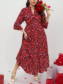 SHEIN LUNE Plus Size Bohemian Leaf Print Layered Babydoll Dress, Casual Vacation Long Dress For Summer Long Dress/Valentine's Day - Black - View 9