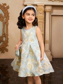 SHEIN Young Girl Eid Mubarak Gorgeous Light Blue Jacquard Sleeveless Round Neck Princess Mini Dress, Suitable For Performance, Wedding, Seasonal, Party & Birthday, For Summer Wear - Blue - View 3