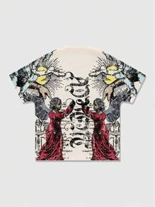 ROMWE MEN Street Life Camiseta de manga corta con cuello redondo y estampado de figura minimalista, uso casual de todos los días, Halloween - Caqui - Ver 1