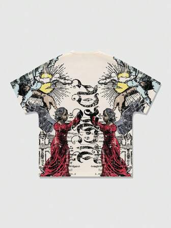 Herren Gothic Rundhals Kurzarm Figur Muster Minimalist T-Shirt, Lässiger Alltags-Look, Halloween