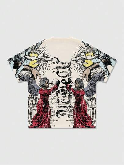 Goth Men's Gothic Round Neck Short Sleeve Figure Print Minimalist T-Shirt, Casual Everyday Wear, Halloween