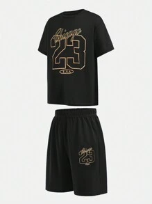 SHEIN 6件/套兒童青少年男孩數字圖案寬鬆版型T恤短褲兩件套，紅黑配色，夏季街頭風運動休閒校園穿搭 - 彩色 - 查看 8