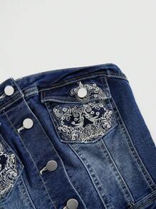 ROMWE Grunge Punk Damen Denim Crop Top mit Totenkopf Stickerei, zerrissenes Design, für den Sommer - Blau - Übersicht 2