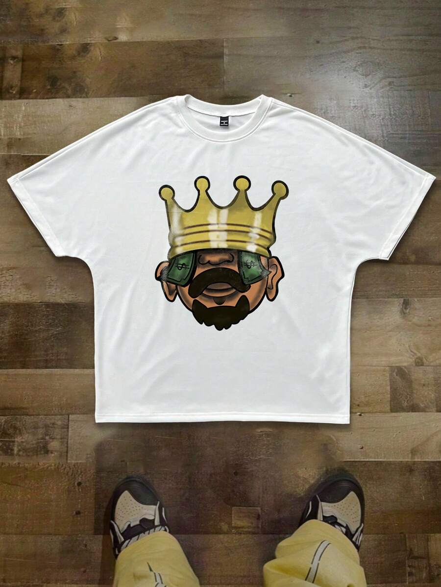 Manfinity EMRG Manfinity Streetrush 男式街头风格白色皇冠图案超大 T 恤，男友礼物，圣诞礼物 - 白色 - 查看 1