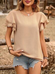 SHEIN LUNE Camisa casual de mujer de unicolor con cuello redondo, volantes y manga corta - Café integral - Ver 6