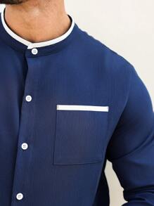 Manfinity Mode Plus Size Men's Solid Color Button-Up Pocket Long Sleeve Shirt - Blue - View 3