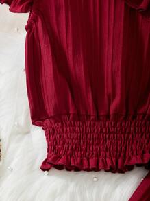 Sparklyn 2pcs/Set Tween Girl Textured Jacquard V Neck Flounce Sleeve Crop Top And Elastic Waist Pants, Casual Vacation Set For Spring & Summer,Holiday,Summer,Travel - Burgundy - View 4