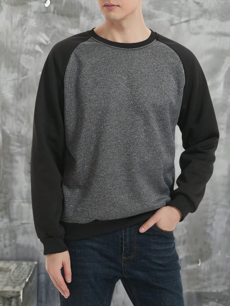 Manfinity Homme Men's Solid Color Patchwork Crew Neck Long Sleeve Casual Pullover Sweatshirt - Dark Grey - View 1