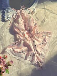 Wedding Sexy Lace Patchwork Backless Print Romper Lingerie (Wireless) Bountiful Floral Splendor - Baby Pink - View 1