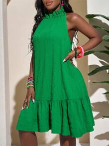 Slaydiva Green Halter Mini A-Line Dress, Casual Holiday Style, Spring/Summer - Green - View 6