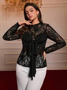 SHEIN VCAY Plus Size Valentine's Day Vacation Black Lace Patchwork Front Bowknot Sheer Romantic Sexy Camisole Top - Black - View 5