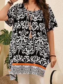 EMERY ROSE Plus Size Boho Retro Print Short Sleeve Tops Women,Long Shirts Women Vacation Round Neck Short Sleeve Shirts Women,St Patrick Day Shirt,Blouses For Women, Summer Outfits For Women,Vacation Outfits Woman,Casual Everyday Wear