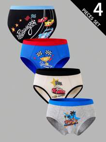 4pcs Pack Young Boy Racecar Print 100% Cotton Breathable Briefs - Multicolor - View 1