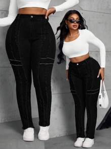 SHEIN SXY Plus Size High Waisted Stretchy Denim Skinny Jeans With Raw Hem Panels