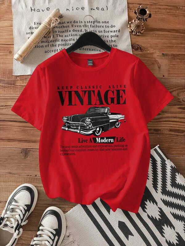 Attitoon Casual Loose Vintage Car Graphic Round Neck Short Sleeve T-Shirt For Women, Suitable For Summer