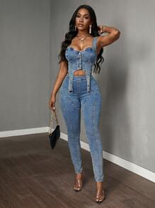 Slaydiva Jeans ajustados de corte ceñido con cremallera en la espalda, para uso casual diario