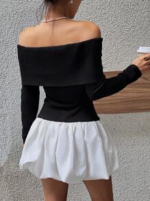 SHEIN Unity Vintage modischer vielseitiger Damen Schwarz & Weiß Kontrast Kragen Off-Shoulder figurbetontes Patchwork Puffärmel Strickkleid, Herbst/Winter - Schwarz und Weiss - Übersicht 2