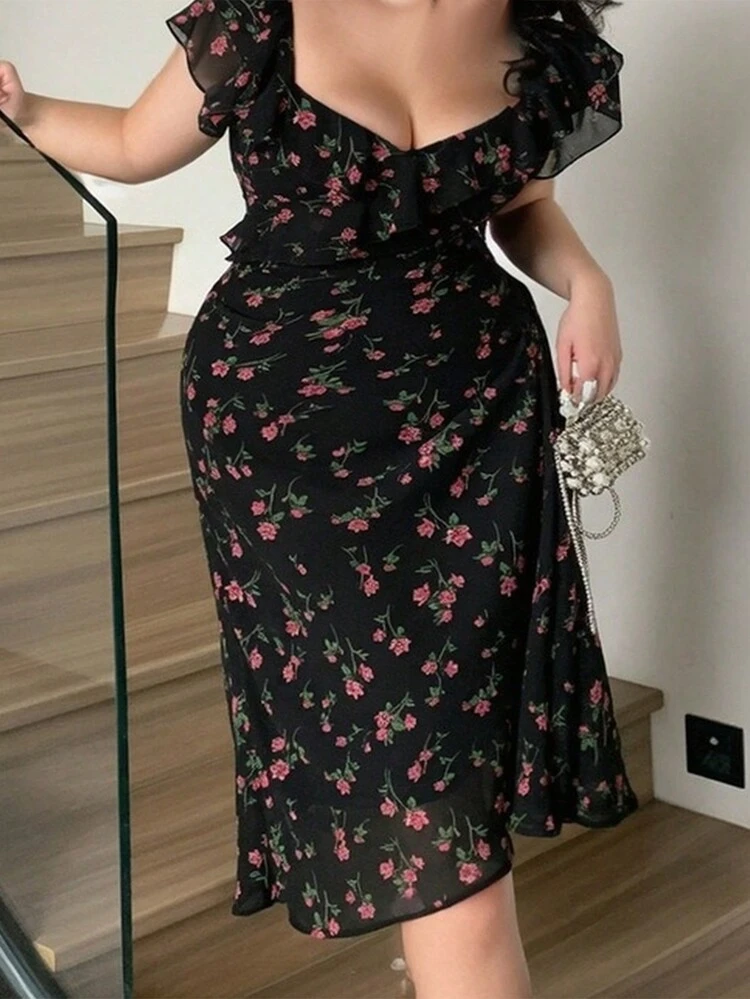 Dazy Plus Plus Size Floral Print Deep V-Neck Midi Dress, Spring/Summer Sundress Vacation Outfits Women