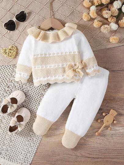 SHEIN 2 piezas Conjunto de suéter de punto con cuello con volantes y pantalones a juego para niñas bebés, suave, cálido, versátil, rosa y blanco, elegante, con estilo, adecuado para otoño/invierno, interior, exterior, viaje