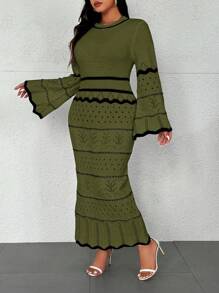 Flirla 大码女式条纹喇叭袖修身针织毛衣裙，秋冬款