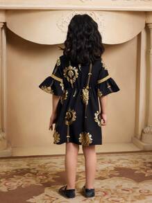 Young Girls Ramadan Elegant Embroidered Gold Pattern Metallic Tape Flare Sleeve Round Neck Dress, Spring/Summer - Black - View 2