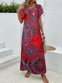 EMERY ROSE 女式复古花卉印花 V 领蝙蝠袖休闲夏季连衣裙长款女式连衣裙长裙 - 紅色 - 查看 4