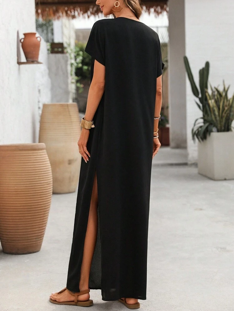 Women's Solid Color Patchwork Fringe Trim Casual Long Dress With Short Sleeves