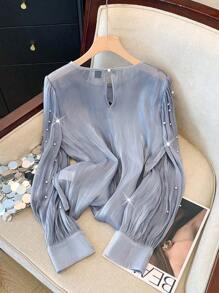 GlowEve CURVE Áo kiểu Pháp đính hạt sang trọng cỡ lớn - Màu xanh lam - Xem 2